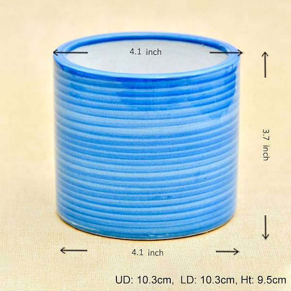 4.1 inch (10 cm) Ring Design Cylindrical Ceramic Pot (Blue)